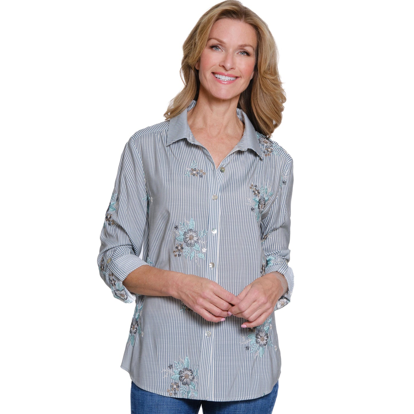 Roll Tab Long Sleeve Button Front Hi-Lo Shirt with Embroidery