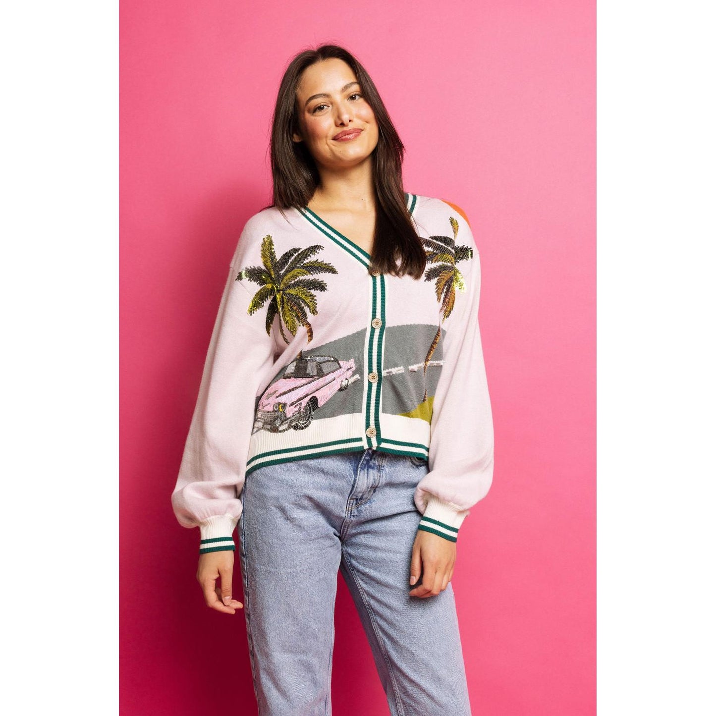 Light Pink Vintage Car on Street with Palm Tree Cardigan