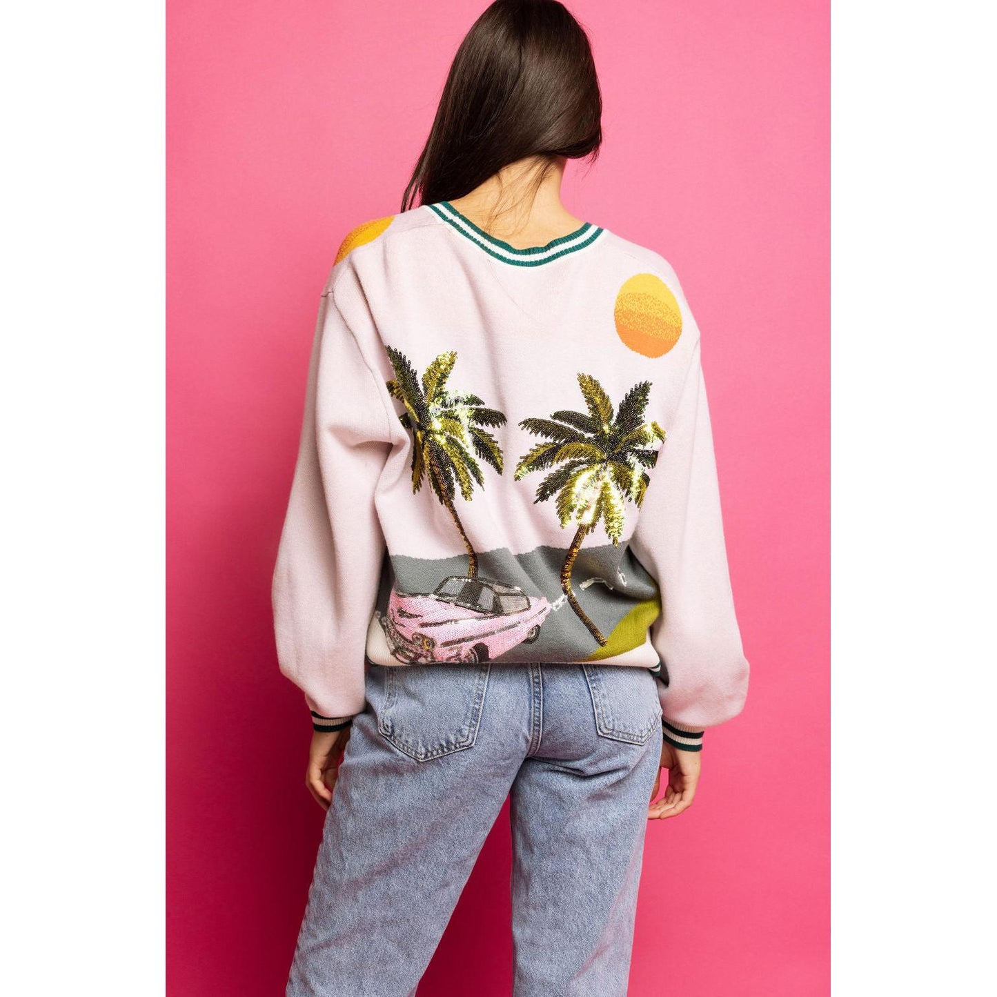 Light Pink Vintage Car on Street with Palm Tree Cardigan