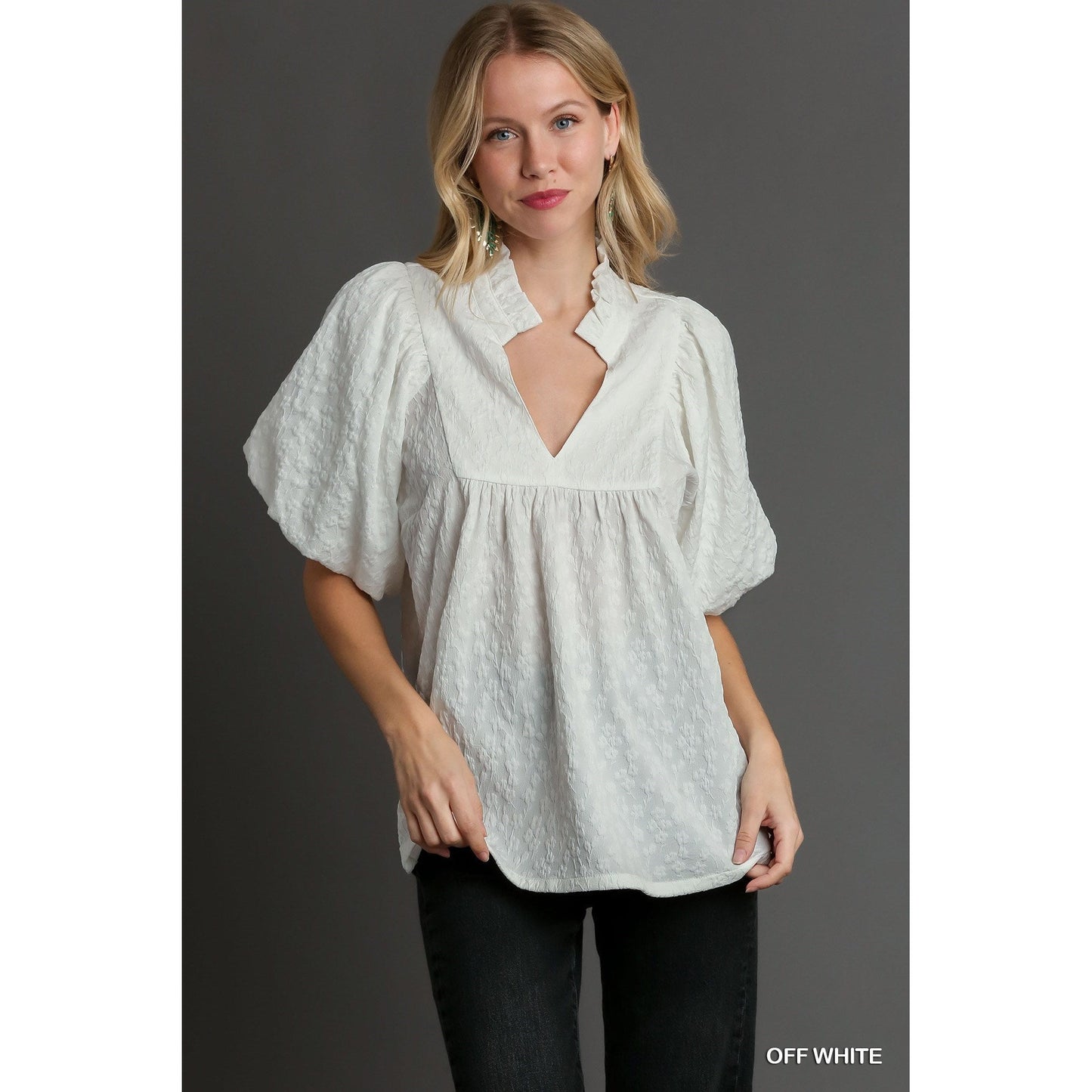Jacquard High Neckline Blouse with Puff Sleeve