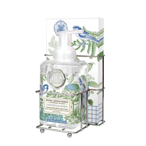 Michel Design Works Cotton & Linen foaming hand soap and napkin set in a silver metal caddy.