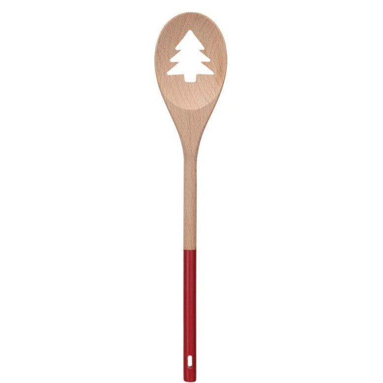 Acacia Wood Spoon w/ Tree/Star Cut-Out, Natural & Red