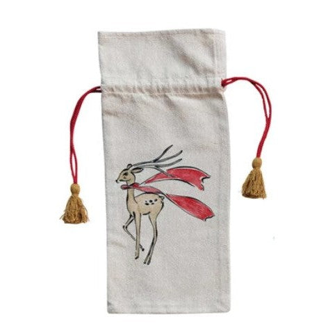 Cotton Chambray Printed Drawstring Wine Bag w/ Tassels, 4 Styles