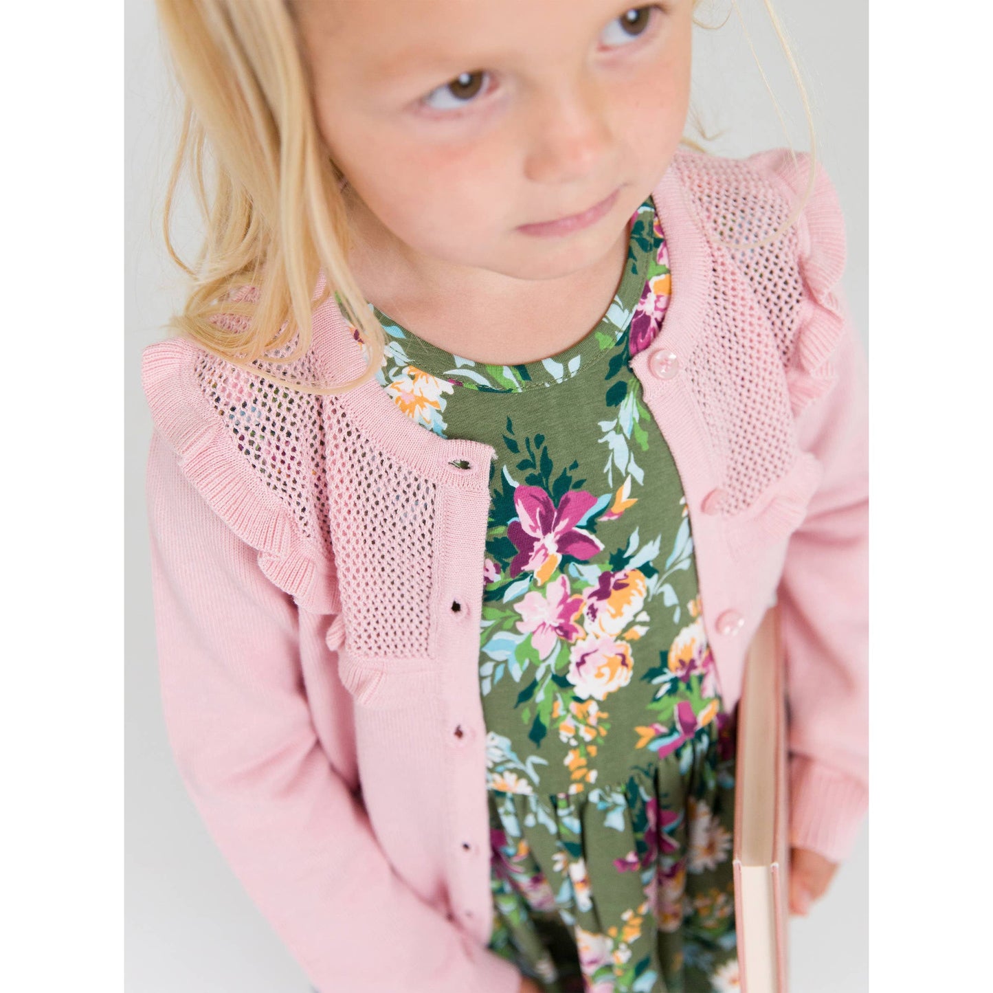 Girls Pink Sweater Knit Ruffle Trim Cardigan