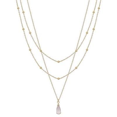 Gold Triple Layered Chain w/ Pink Teardrop Crystal Necklace