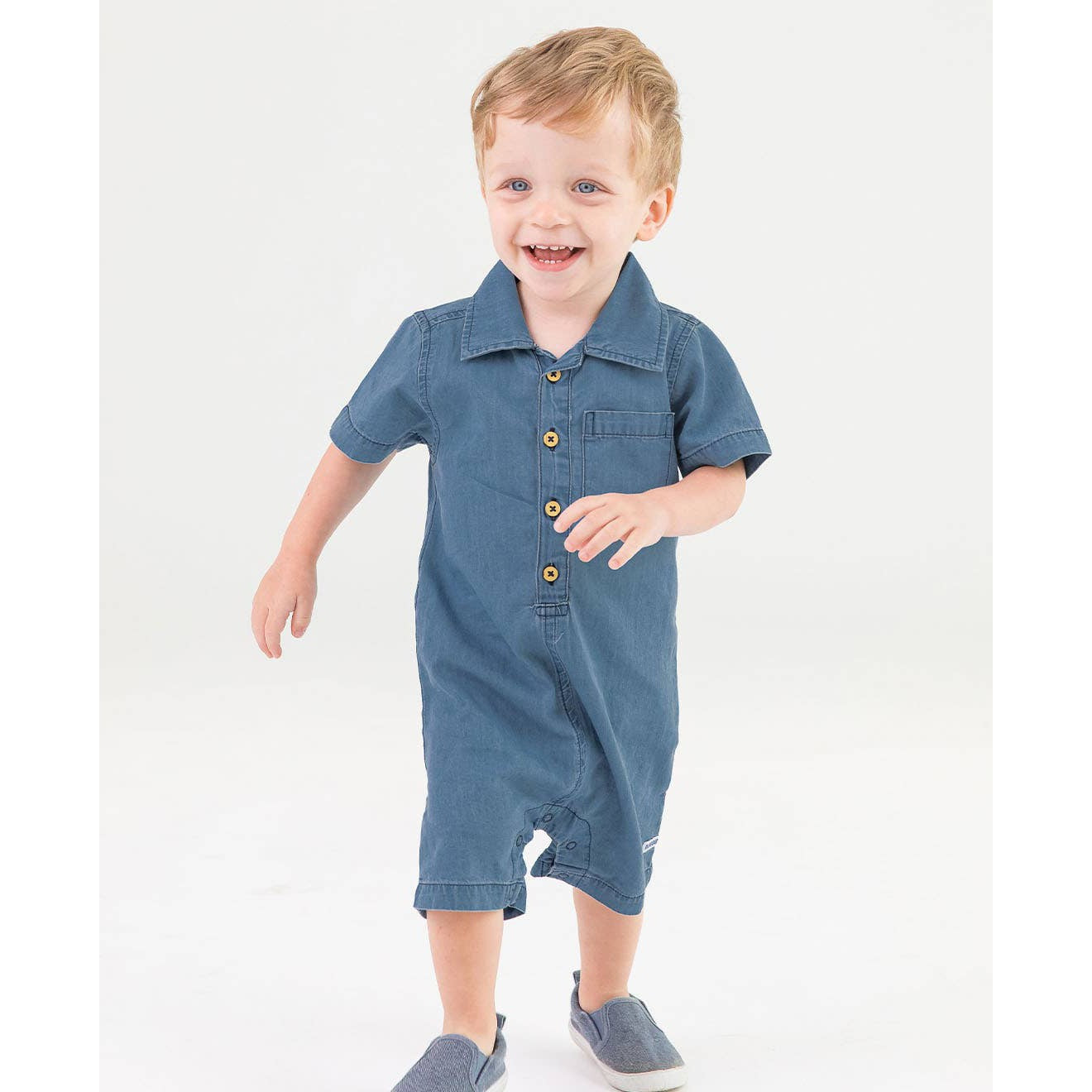Baby Boys Light Wash Denim Button-Up Romper