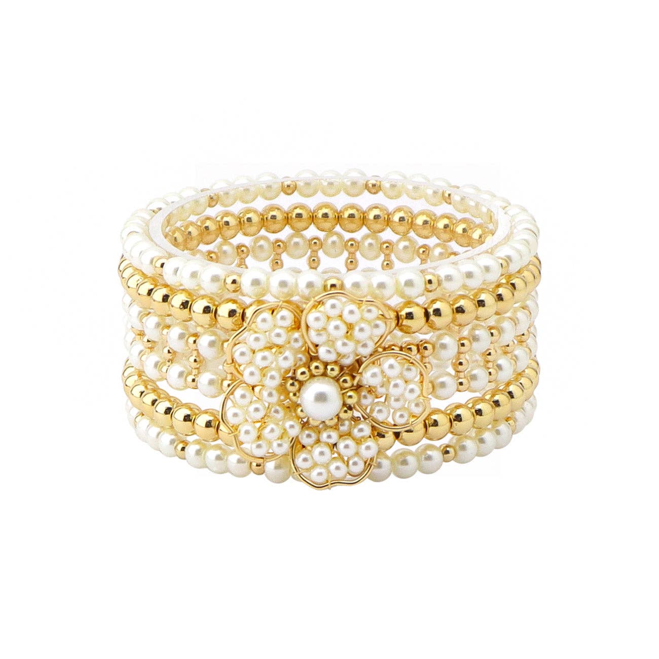 Gold and Pearl Beaded Stretch Bracelets with Pearl Flower Accent