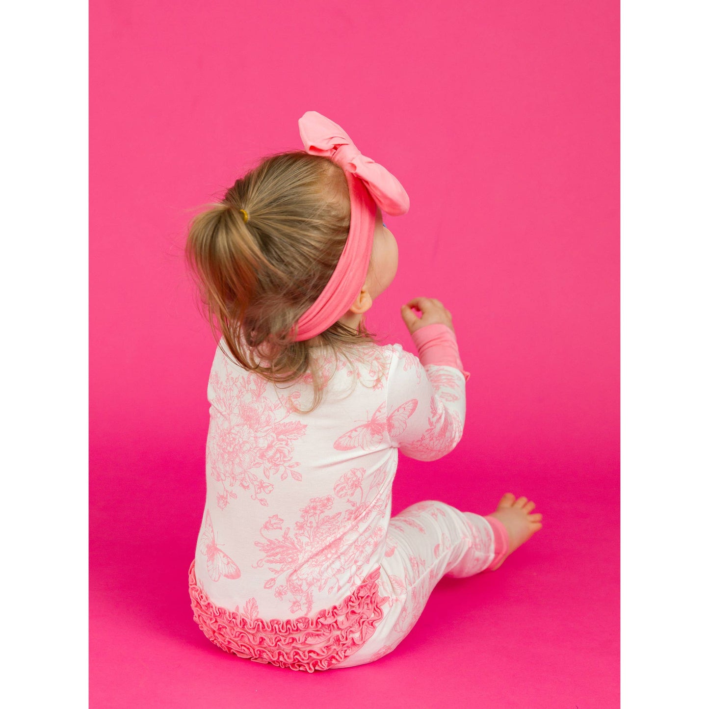 Baby Girls Pink Butterfly Garden Toile Bamboo Viscose Convertible Ruffle One Piece Pajama