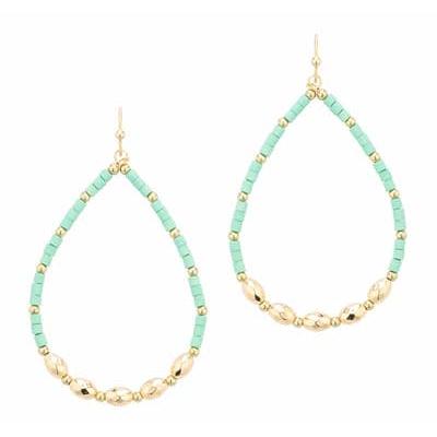 Mint Wood and Gold Beaded Teardrop 2" Earring