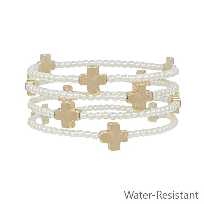 Water Resistant Pearl Beaded with Gold Cross Shape (Set of 4) Stretch Bracelet