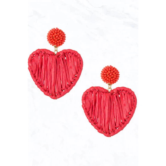 Colorful Raffia Wrapped Heart Post Dangle Earrings