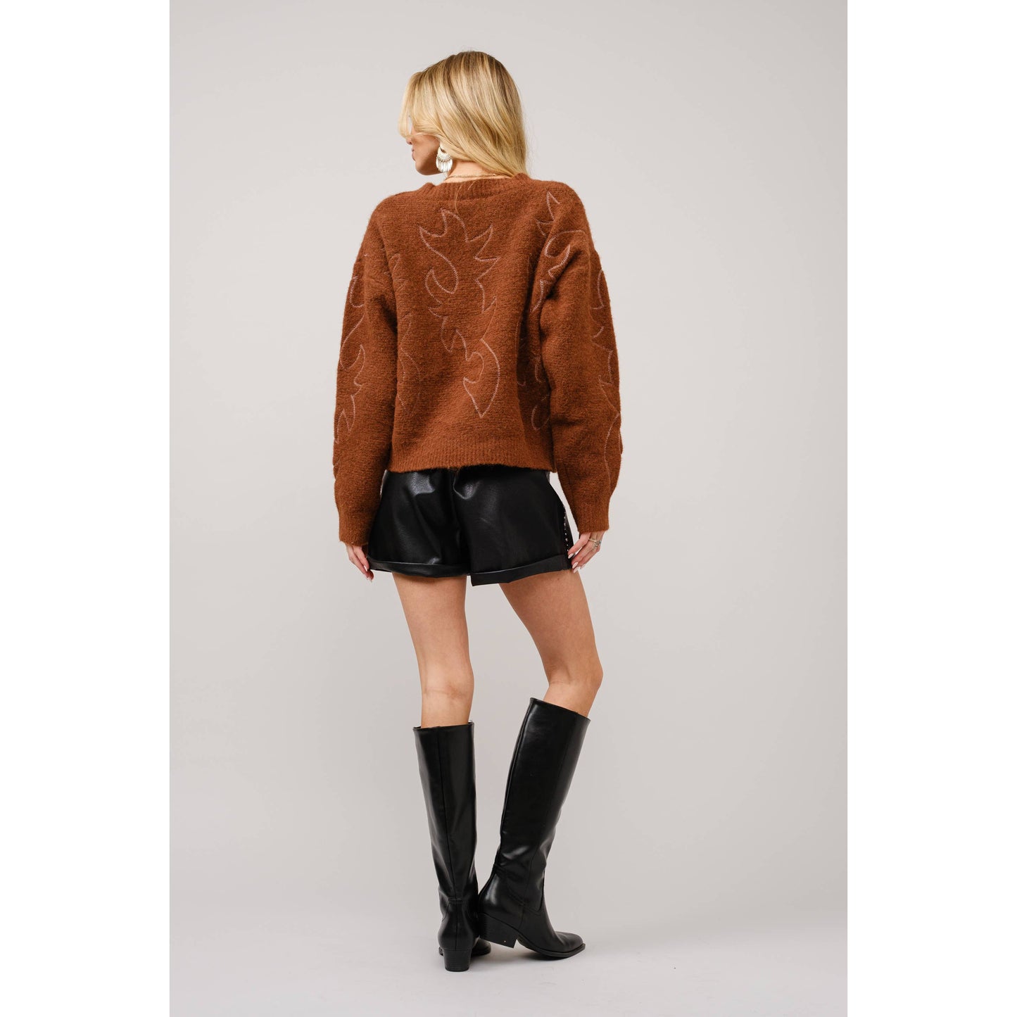 Western Boots Stitch Pattern Crew Neck Sweater