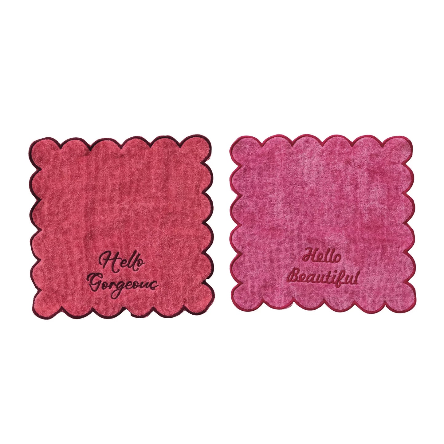 Scalloped Cotton Terry Wash Cloths with "Hello Gorgeous" Embroidery – Set of 2