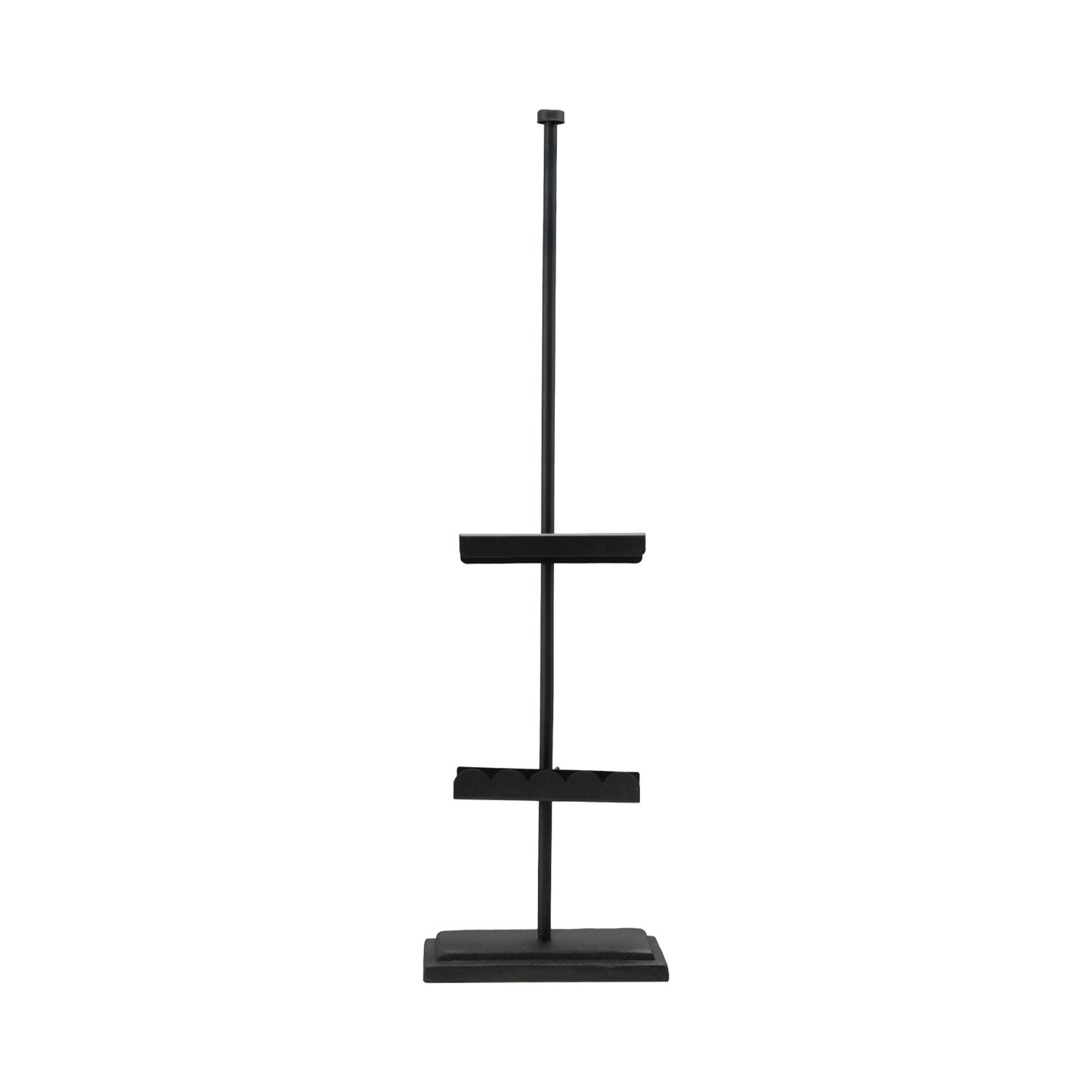 Metal adjustable scalloped easel in black for tabletop display of pictures and art.