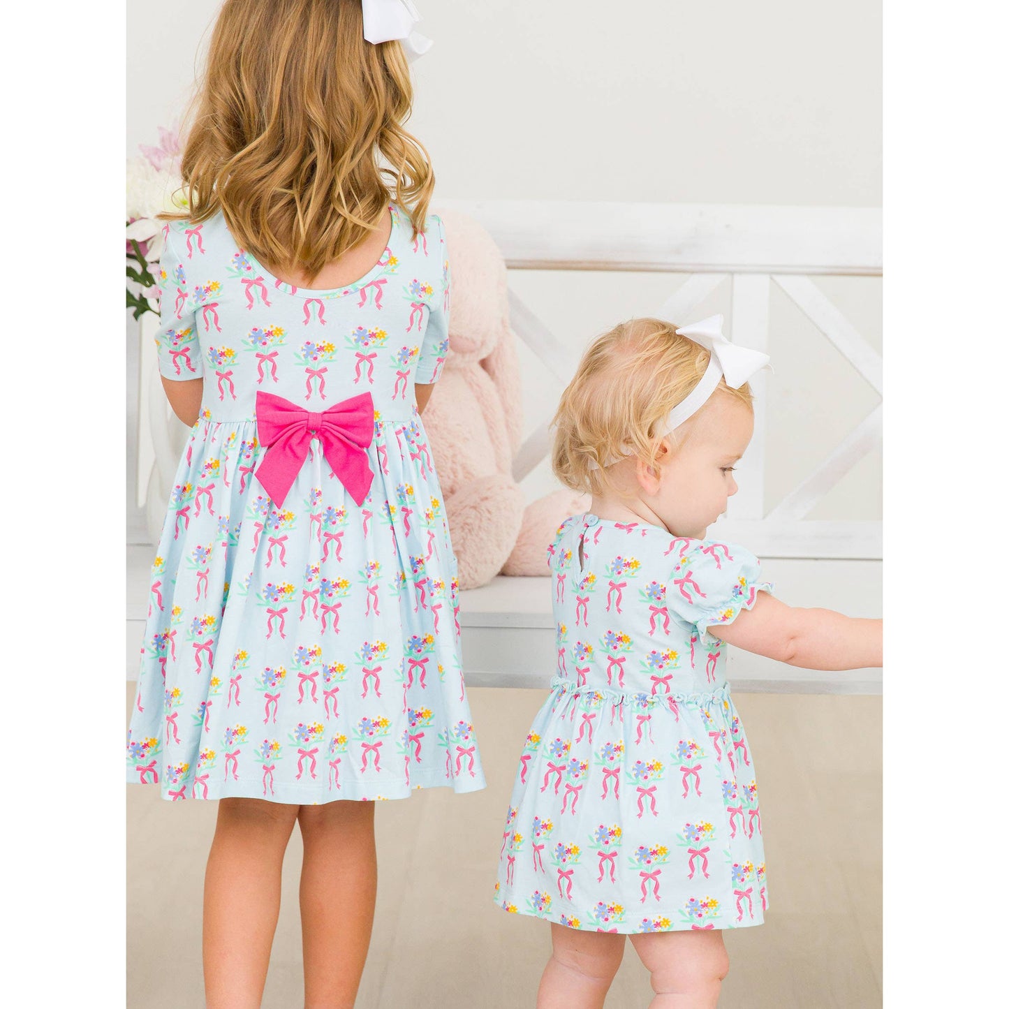 Baby Girls Bows and Bouquets Knit Puff Sleeve Skirted Romper