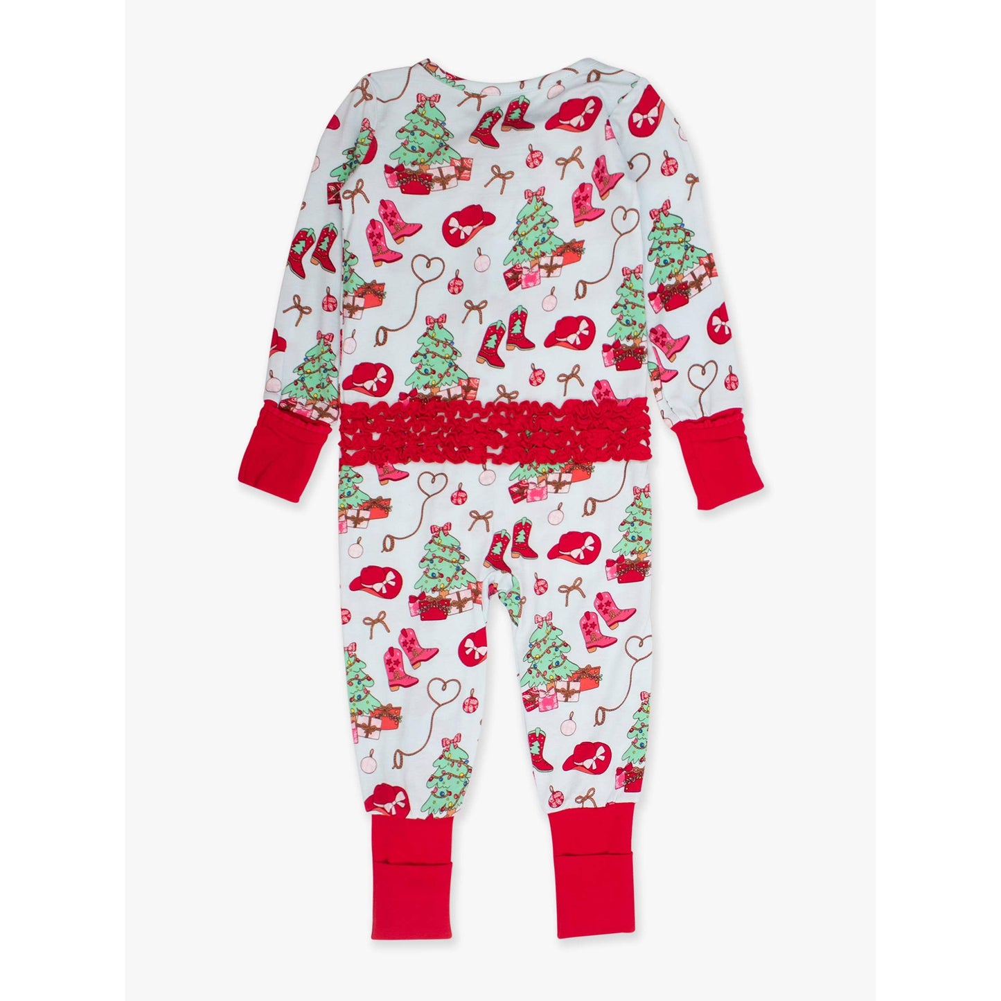 Baby Girls Red Yuletide Yeehaw Bamboo Viscose Convertible Ruffle One Piece Footie Pajama