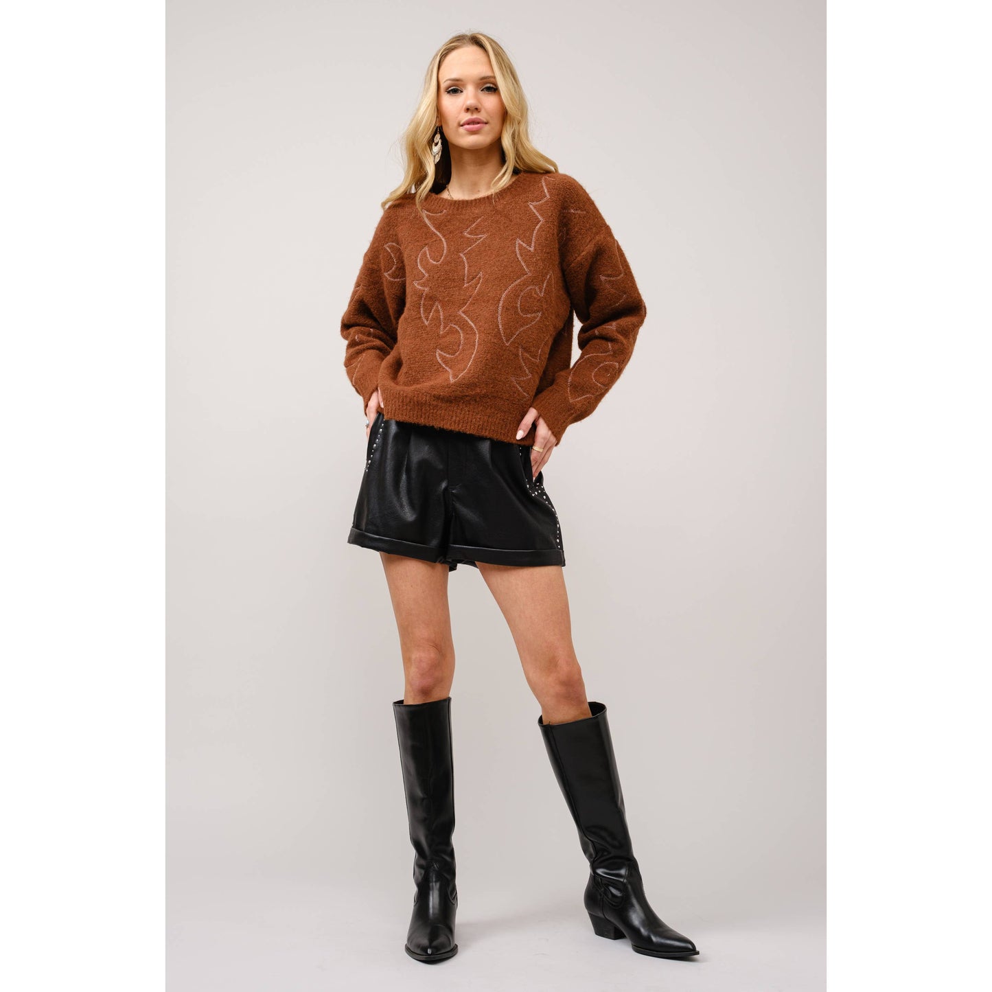 Western Boots Stitch Pattern Crew Neck Sweater