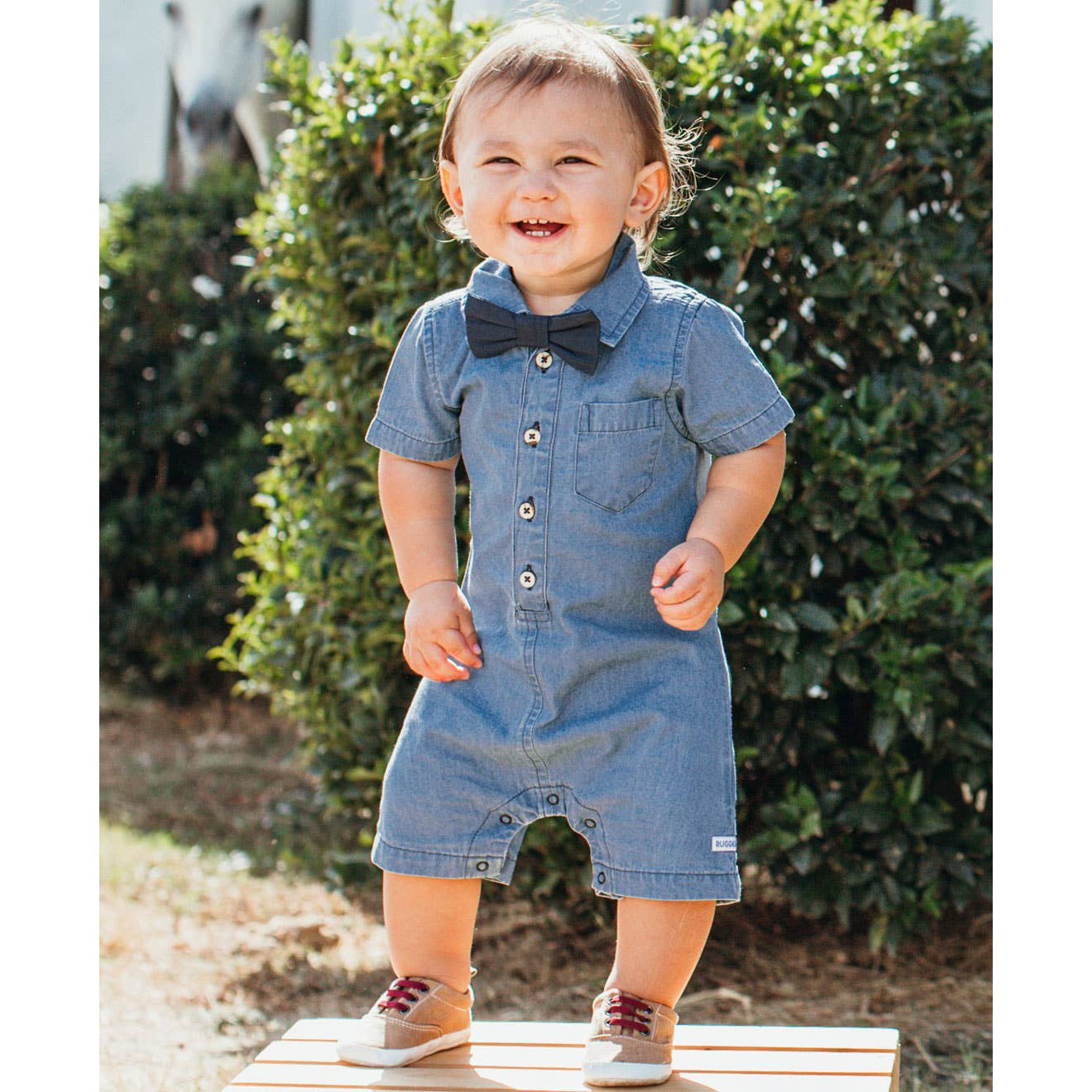 Baby Boys Light Wash Denim Button-Up Romper