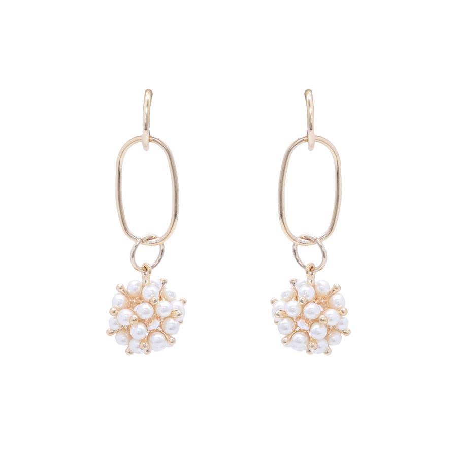Gold Open Oval with Pearl Beaded Ball Drop 1.25" Earring