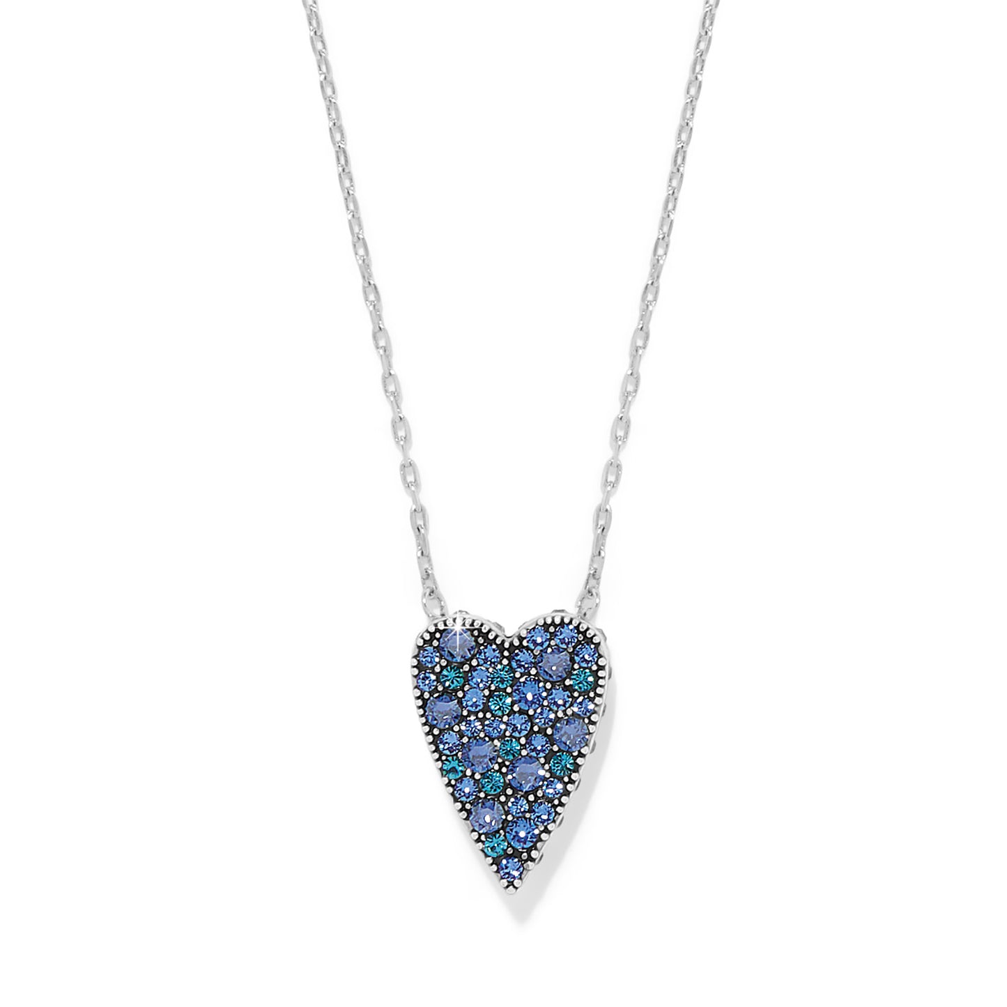 Brighton Love Messages necklace in silver plate featuring a blue crystal pendant and "Love knows" message.