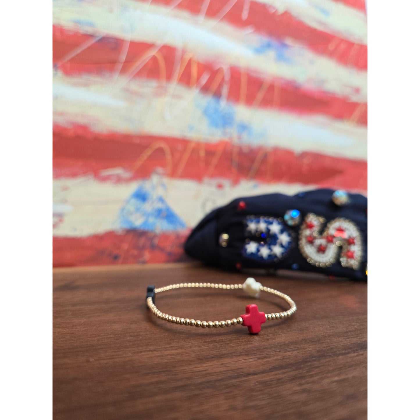 Signature Cross Gold Pattern 2mm Bead Bracelet - Firecracker