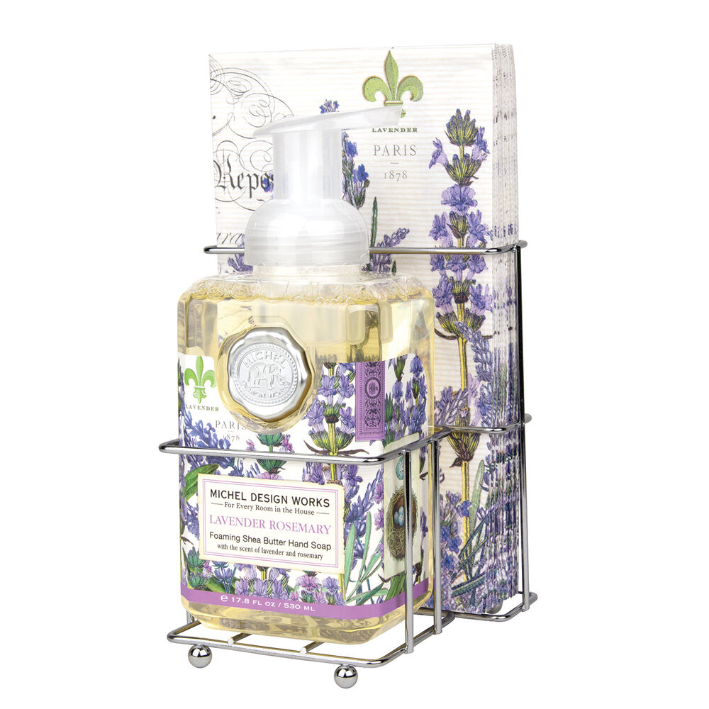 Michel Design Works Lavender Rosemary foaming soap and napkin set in a silver metal caddy.