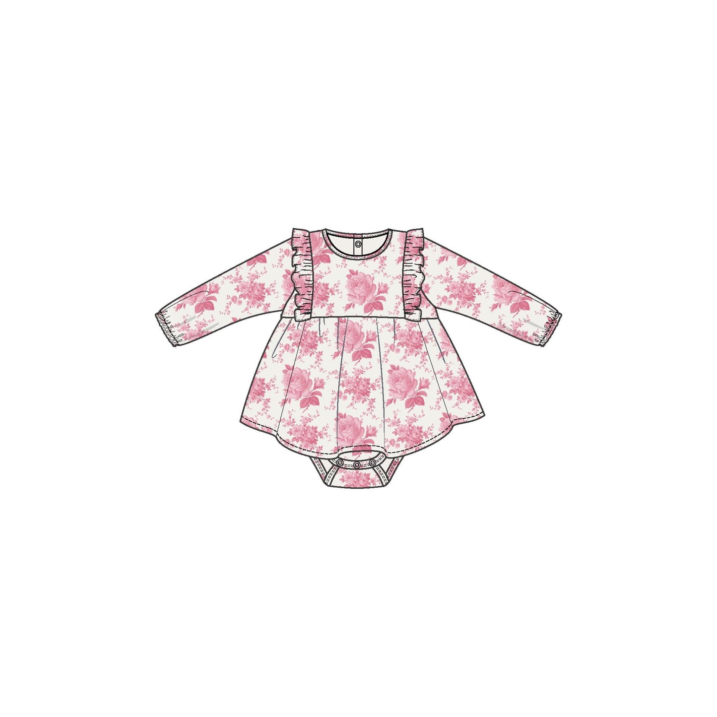 Vintage Pink Roses - Ruffle Long Sleeve Bodysuit Dress