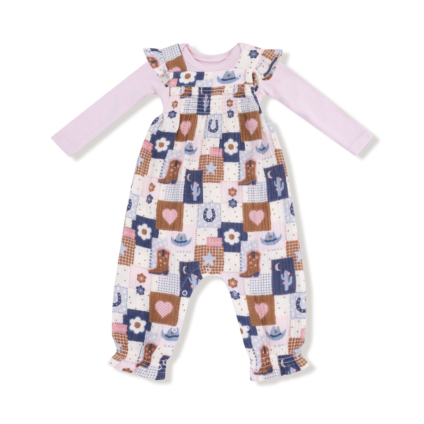 Patchwork Cowgirl - Smocked Overall and Ribbed Bodysuit Set