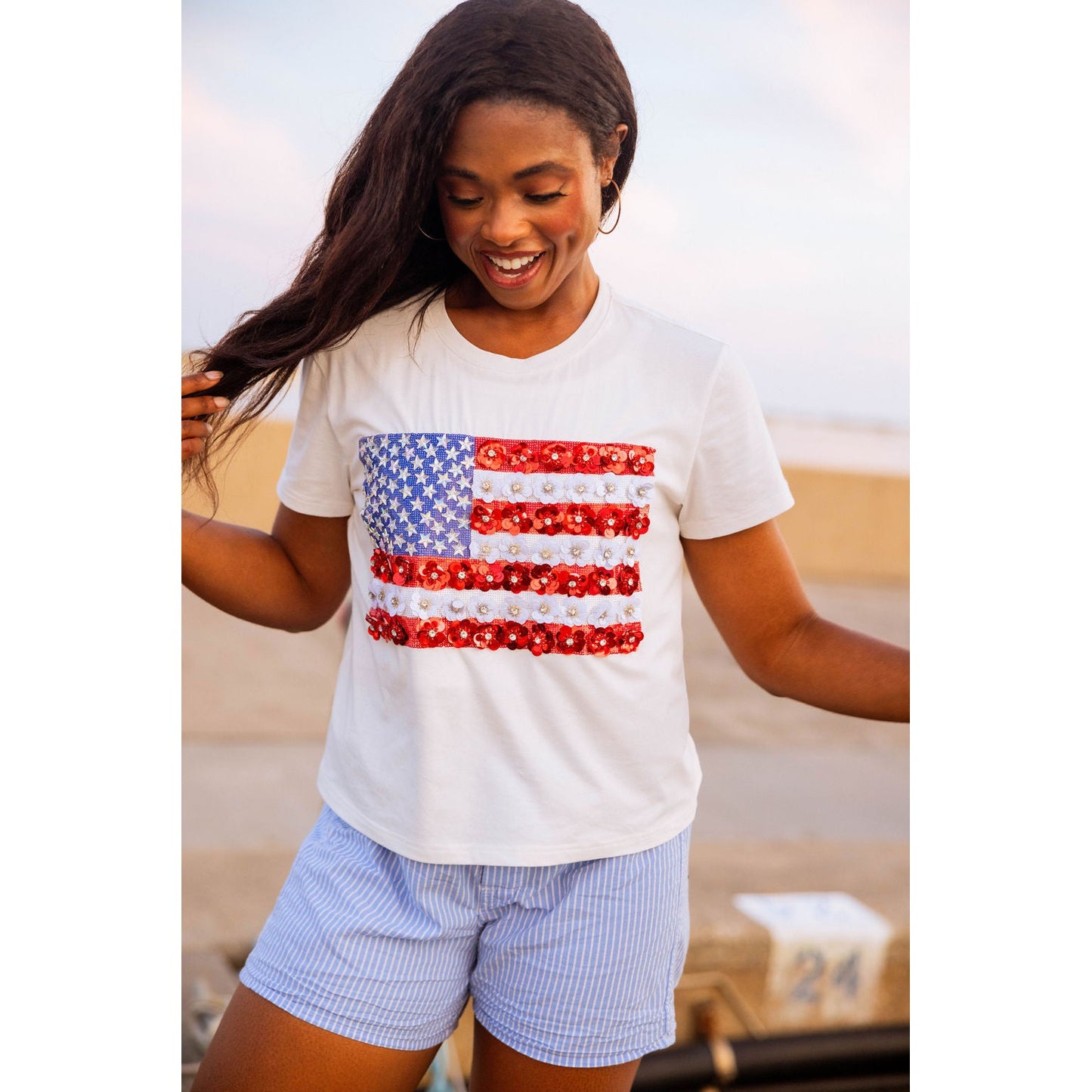 White Flower American Flag Tee