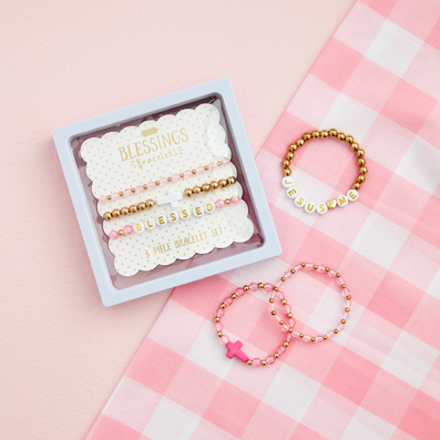 Close-up of the delicate beadwork and stretch design of the Mud Pie Blessing Bracelet set.