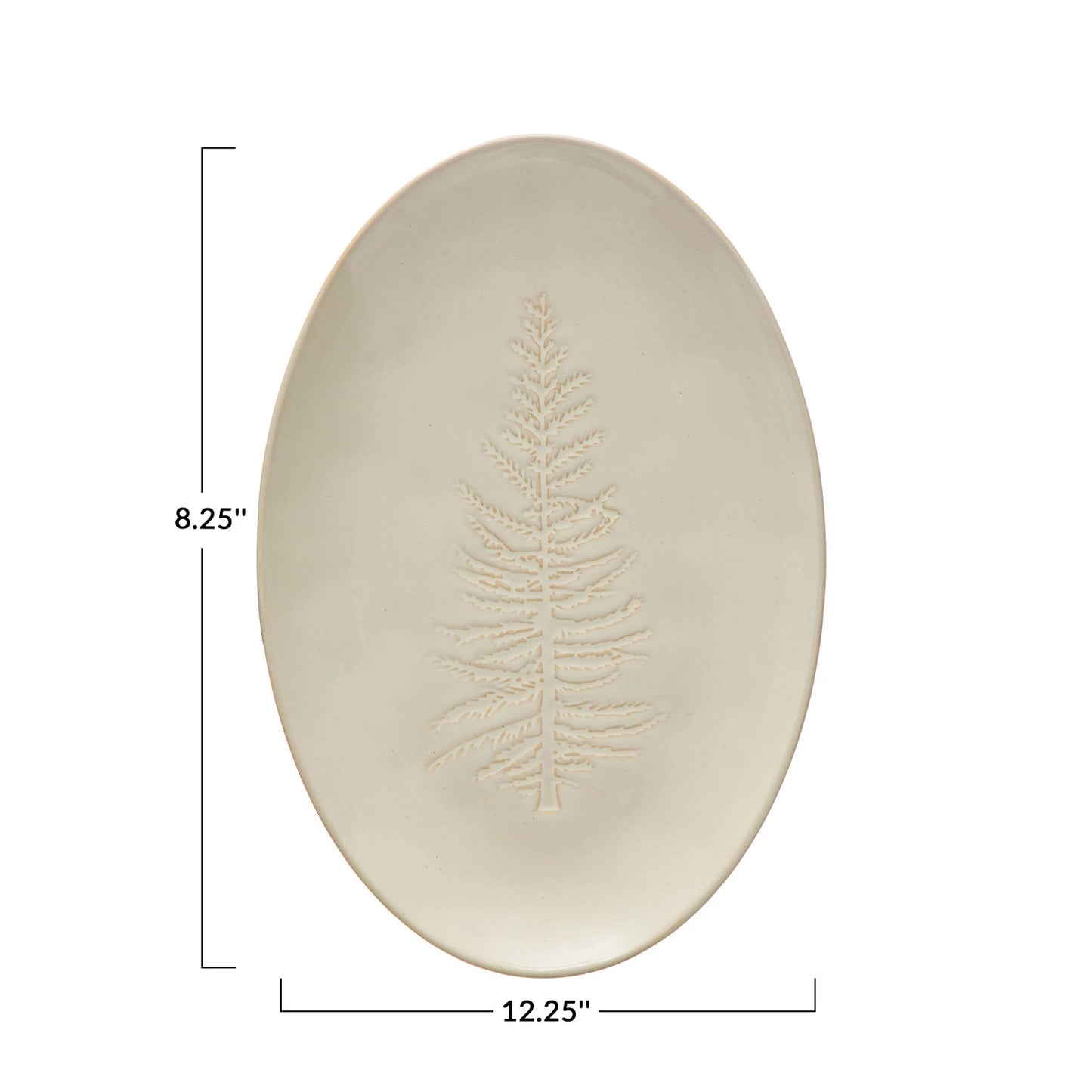 12-1/4"L x 8-1/4"W Oval Debossed Stoneware Platter w/ Tree Design, White