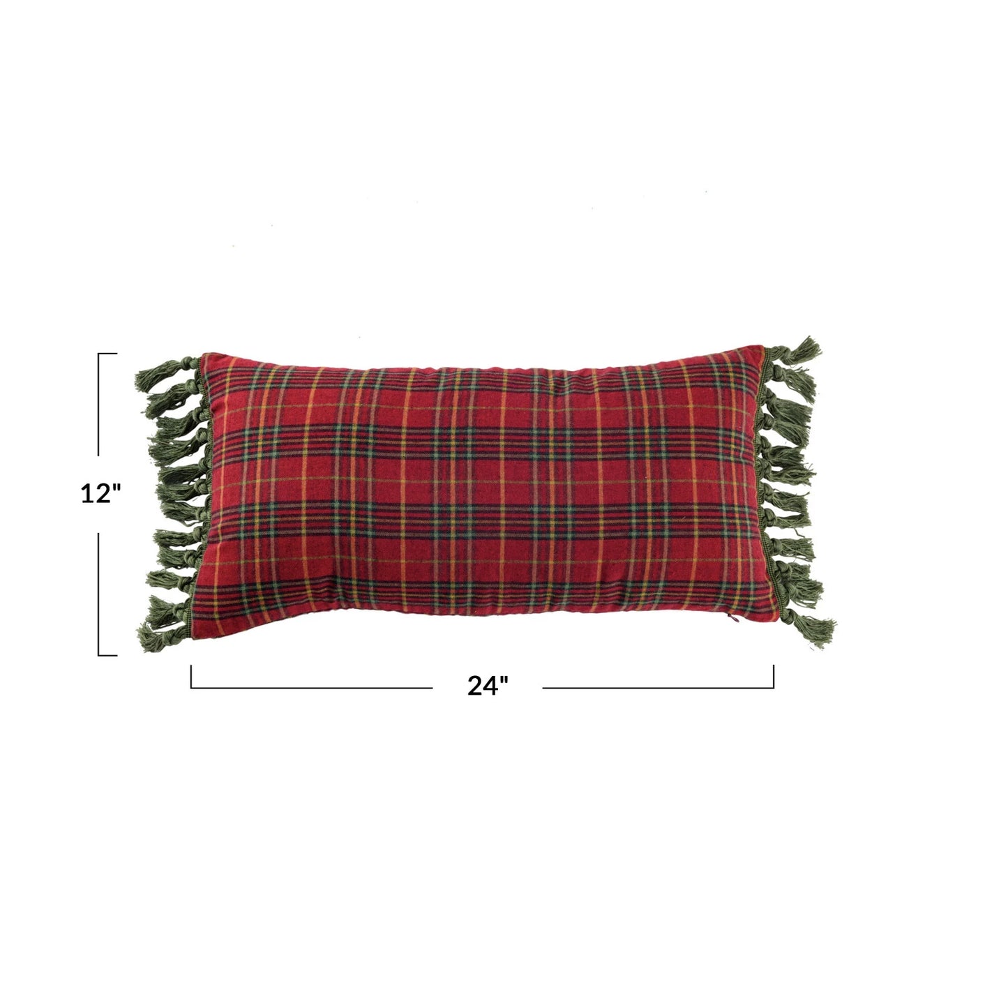 24"L x 12"H Cotton Plaid Lumbar Pillow w/ Tassels, Multi Color