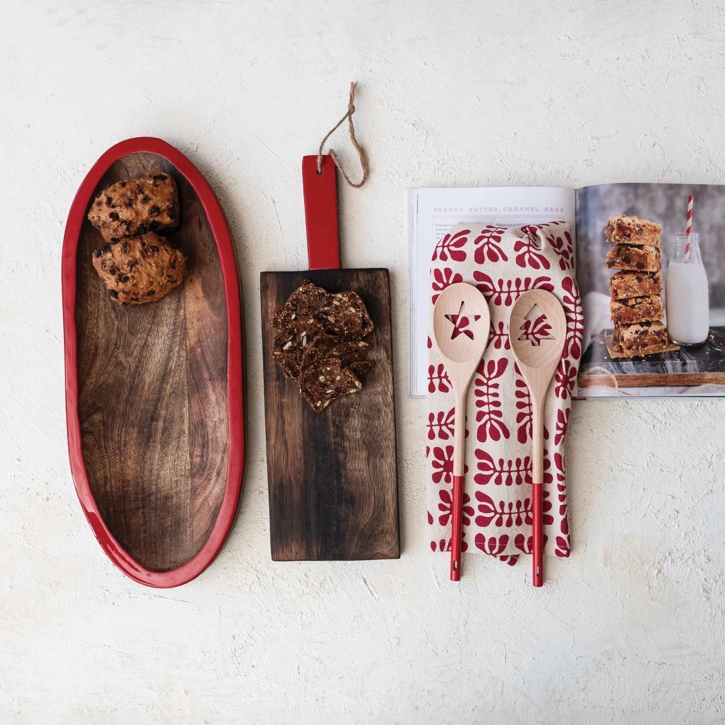 Acacia Wood Spoon w/ Tree/Star Cut-Out, Natural & Red