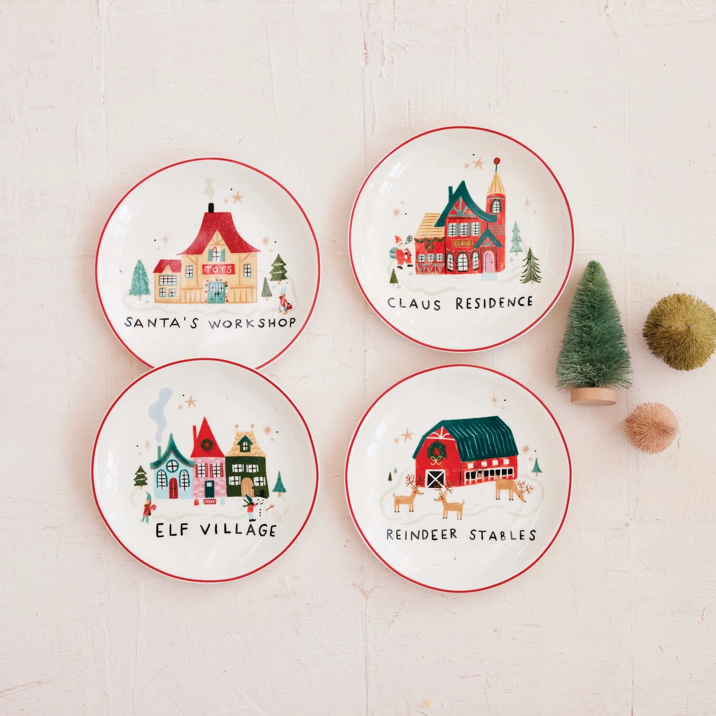 Stoneware Plate with North Pole Village Building, 4 Styles