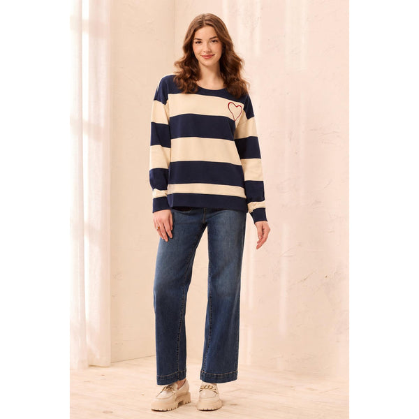 Tribal Embroidered Heart Drop Shoulder Knit Top - Jet Blue | Tribal Women's Fashion