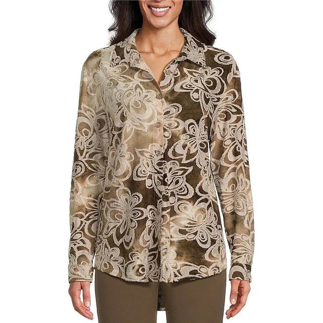 Roll Tab Long Sleeve Button Front Hi-Lo Shirt - Truffle Tie Dye Jacquard Print