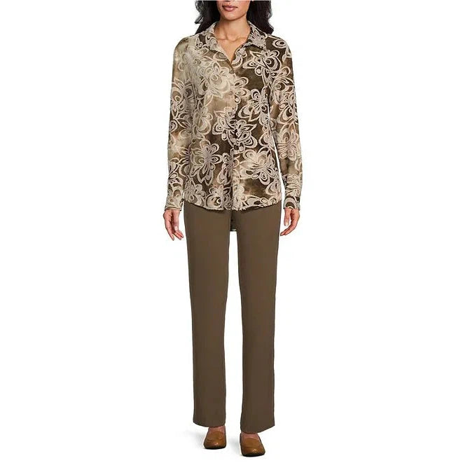 Roll Tab Long Sleeve Button Front Hi-Lo Shirt - Truffle Tie Dye Jacquard Print
