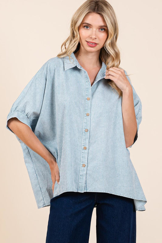 Mittoshop Washed Striped Dolman Button Down Shirt in Powder Blue
