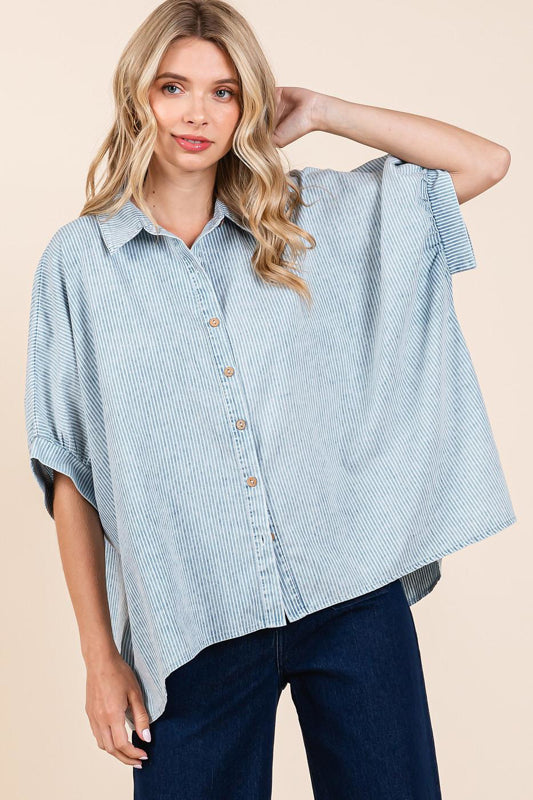 Mittoshop Washed Striped Dolman Button Down Shirt in Powder Blue