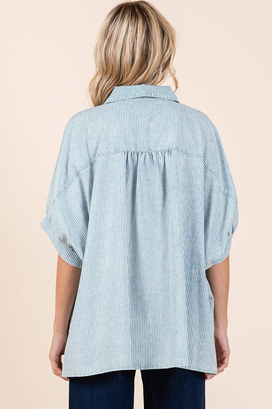 Mittoshop Washed Striped Dolman Button Down Shirt in Powder Blue