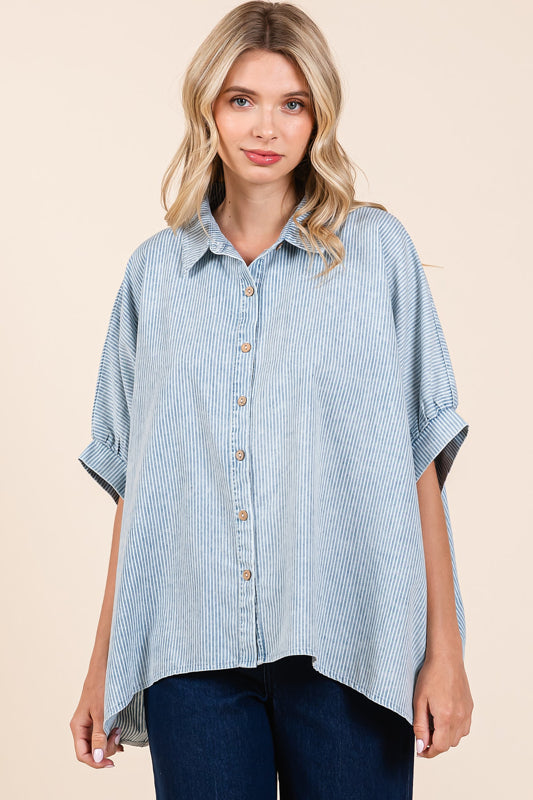 Mittoshop Washed Striped Dolman Button Down Shirt in Powder Blue