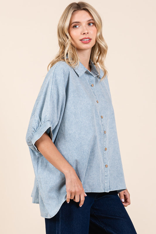 Mittoshop Washed Striped Dolman Button Down Shirt in Powder Blue