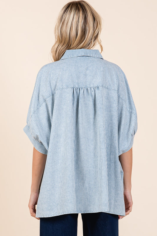 Mittoshop Washed Striped Dolman Button Down Shirt in Powder Blue
