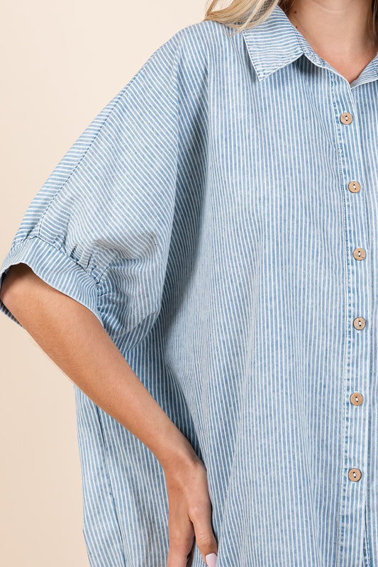 Mittoshop Washed Striped Dolman Button Down Shirt in Powder Blue