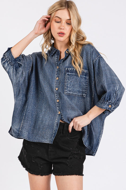 Mittoshop Washed Tencel Chambray Dolman Sleeve Shirt in Dark Denim