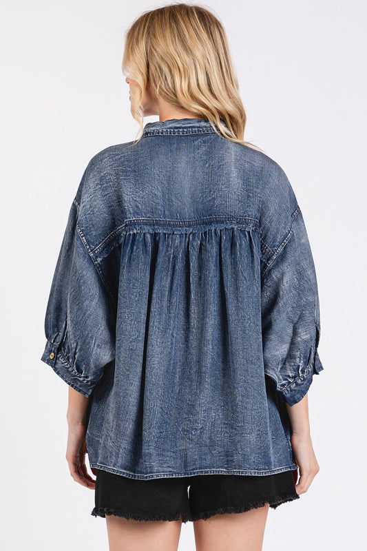 Mittoshop Washed Tencel Chambray Dolman Sleeve Shirt in Dark Denim