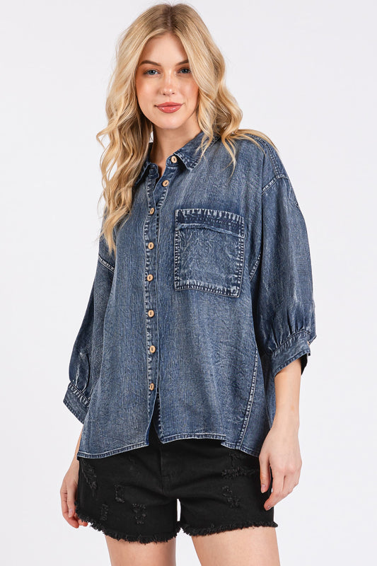 Mittoshop Washed Tencel Chambray Dolman Sleeve Shirt in Dark Denim