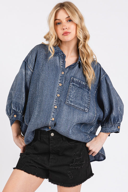 Mittoshop Washed Tencel Chambray Dolman Sleeve Shirt in Dark Denim