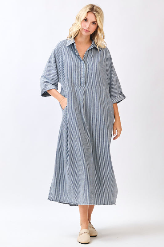 Mittoshop Washed Striped Collared Maxi Shirt Dress in Navy