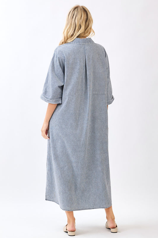 Mittoshop Washed Striped Collared Maxi Shirt Dress in Navy